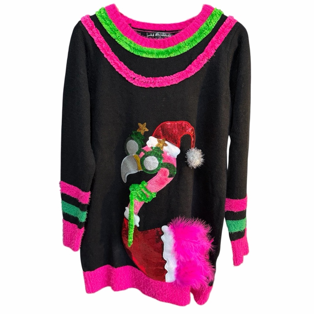 United States Sweaters Christmas Flamingo Tunic Sz Large Black/Pink Ugly Sweater